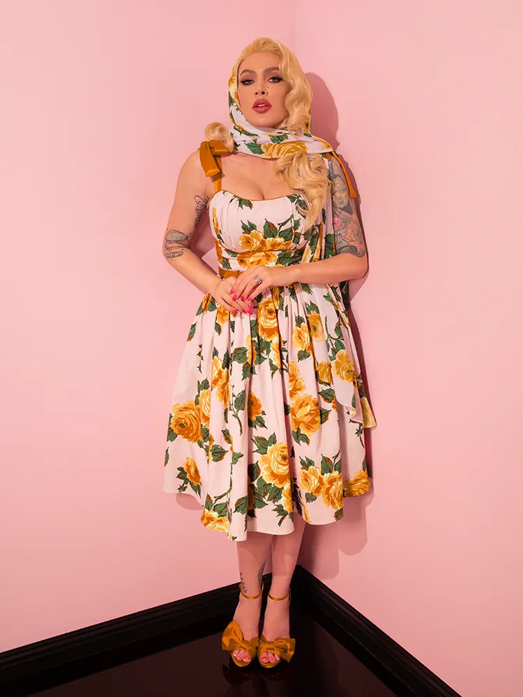 1950s Swing Sundress and Scarf in Yellow Vintage Roses - Vixen by Micheline Pitt