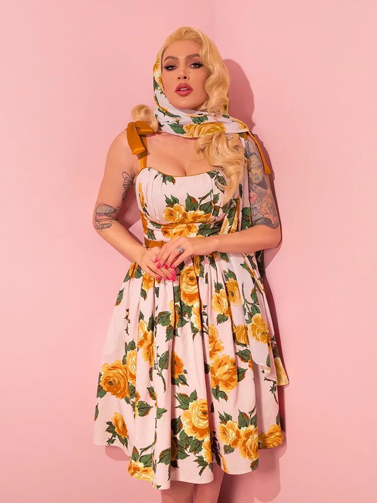 1950s Swing Sundress and Scarf in Yellow Vintage Roses - Vixen by Micheline Pitt