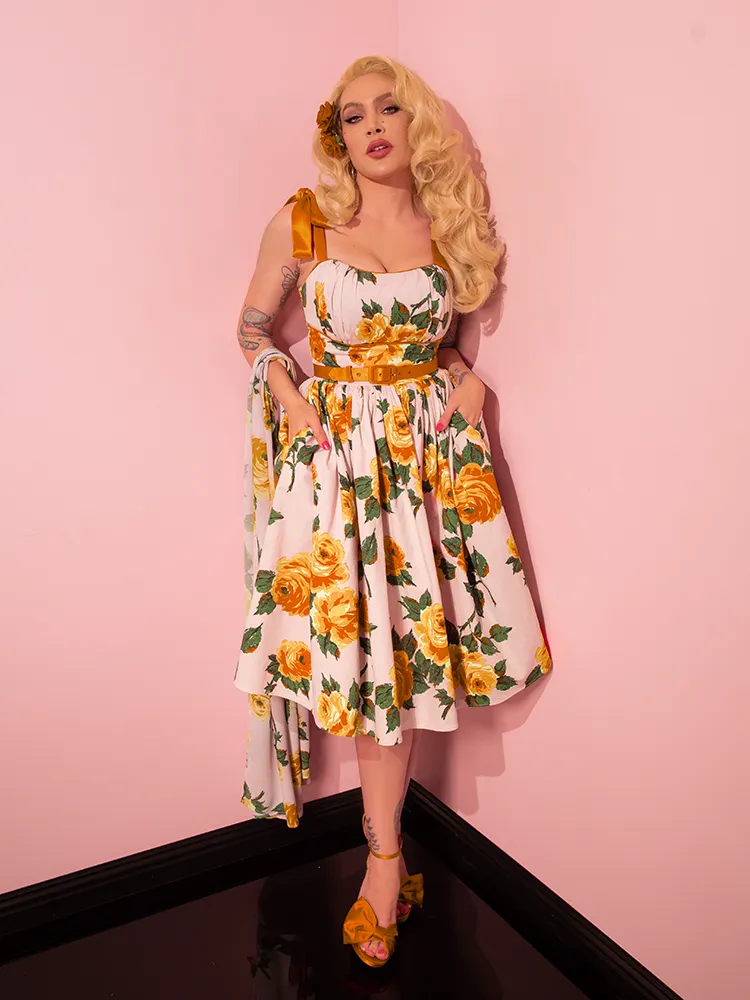 1950s Swing Sundress and Scarf in Yellow Vintage Roses - Vixen by Micheline Pitt