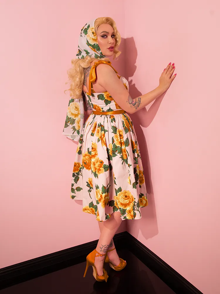 1950s Swing Sundress and Scarf in Yellow Vintage Roses - Vixen by Micheline Pitt