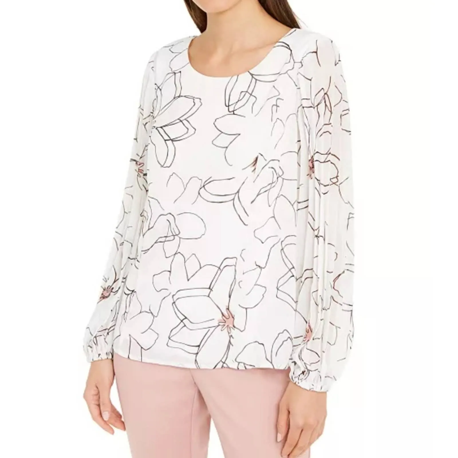 Alfani Floral Print Pleat Sleeve Top Petite Large