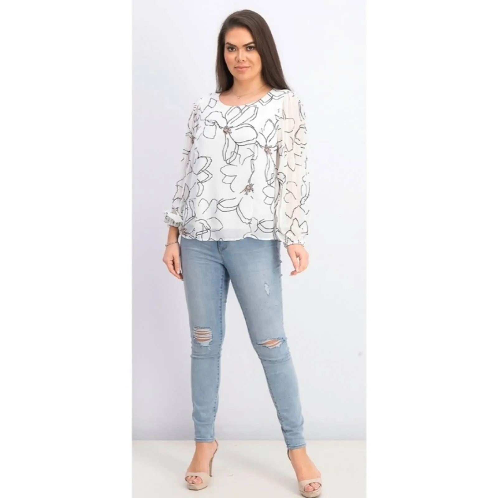 Alfani Floral Print Pleat Sleeve Top Petite Large