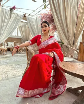 Alluring Red Soft Silk Saree With Hypnotic Blouse Piece