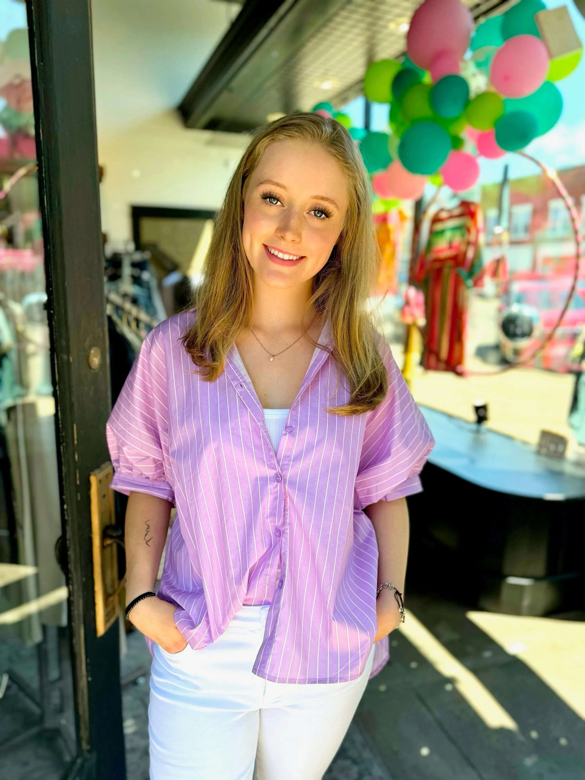 Amelias Lavender Stripes Poof Sleeve Button Up