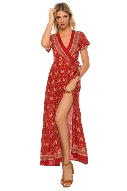 Beach long Bohemian maxi sundress Ladies sexy V neck  Summer Boho dress