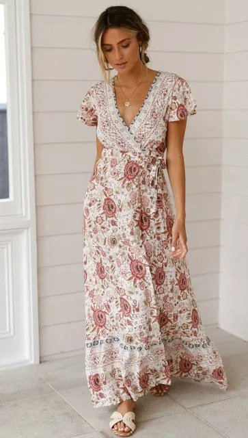 Beach long Bohemian maxi sundress Ladies sexy V neck  Summer Boho dress