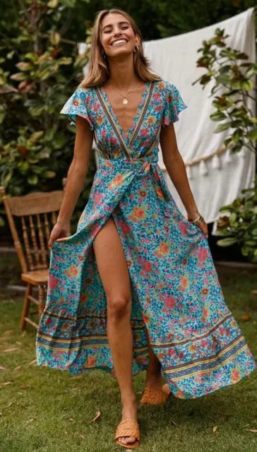 Beach long Bohemian maxi sundress Ladies sexy V neck  Summer Boho dress