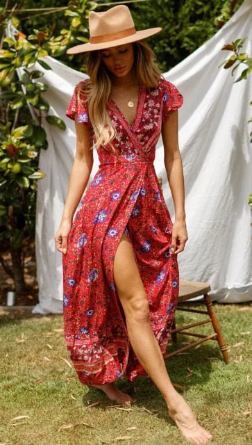 Beach long Bohemian maxi sundress Ladies sexy V neck  Summer Boho dress