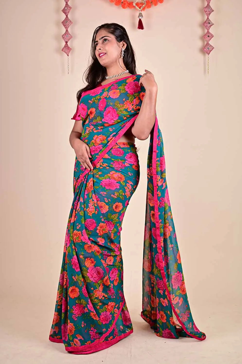 Beautiful classy georgette printedwrap in 1 minute saree
