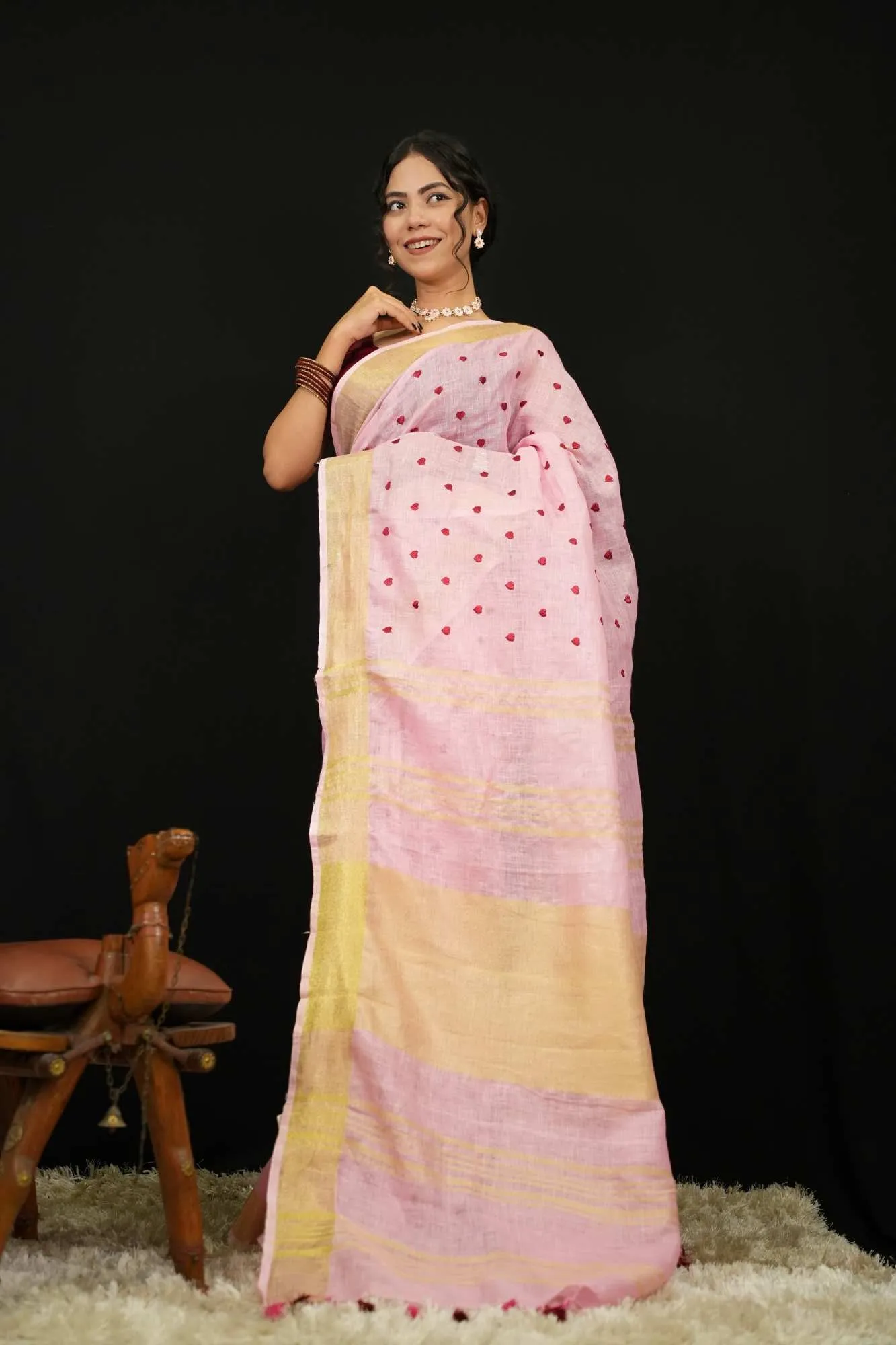 Beautiful  Pink Linen Heart Embroidered & Solid Border With Tassels On Palla Pre Drape Saree