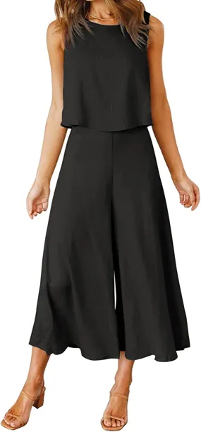 Black Women's Summer 2 Piece Outfits Round Neck Crop Basic Top Cropped Wide Leg Pants Set Jumpsuits - ROYLAMP