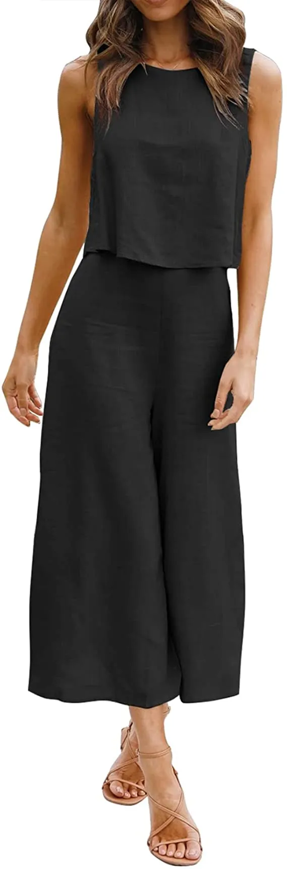 Black Women's Summer 2 Piece Outfits Round Neck Crop Basic Top Cropped Wide Leg Pants Set Jumpsuits - ROYLAMP