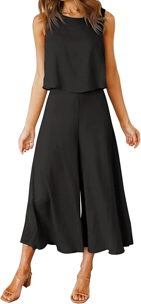 Black Women's Summer 2 Piece Outfits Round Neck Crop Basic Top Cropped Wide Leg Pants Set Jumpsuits - ROYLAMP