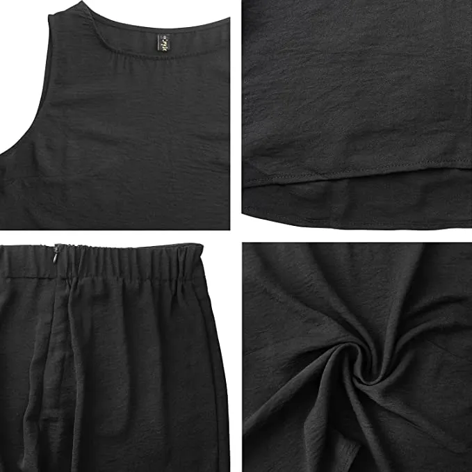 Black Women's Summer 2 Piece Outfits Round Neck Crop Basic Top Cropped Wide Leg Pants Set Jumpsuits - ROYLAMP