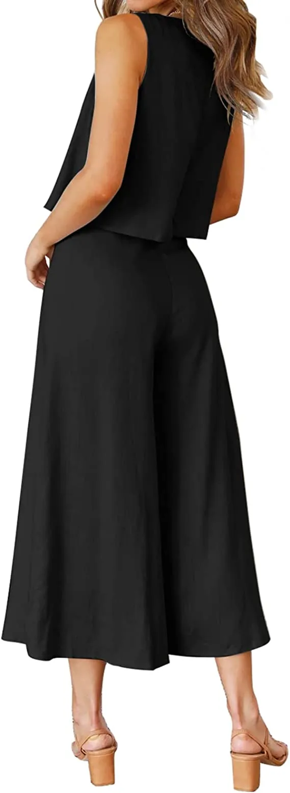 Black Women's Summer 2 Piece Outfits Round Neck Crop Basic Top Cropped Wide Leg Pants Set Jumpsuits - ROYLAMP