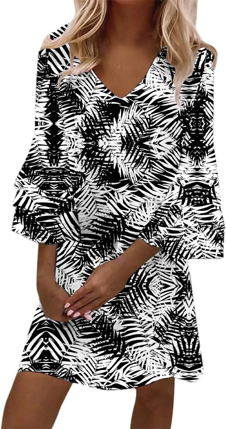 Boho Floral Mini Dress for Women | V Neck 3/4 Bell Sleeve Summer Dress, Flowy Loose Beach Dresses with Casual Chic Style