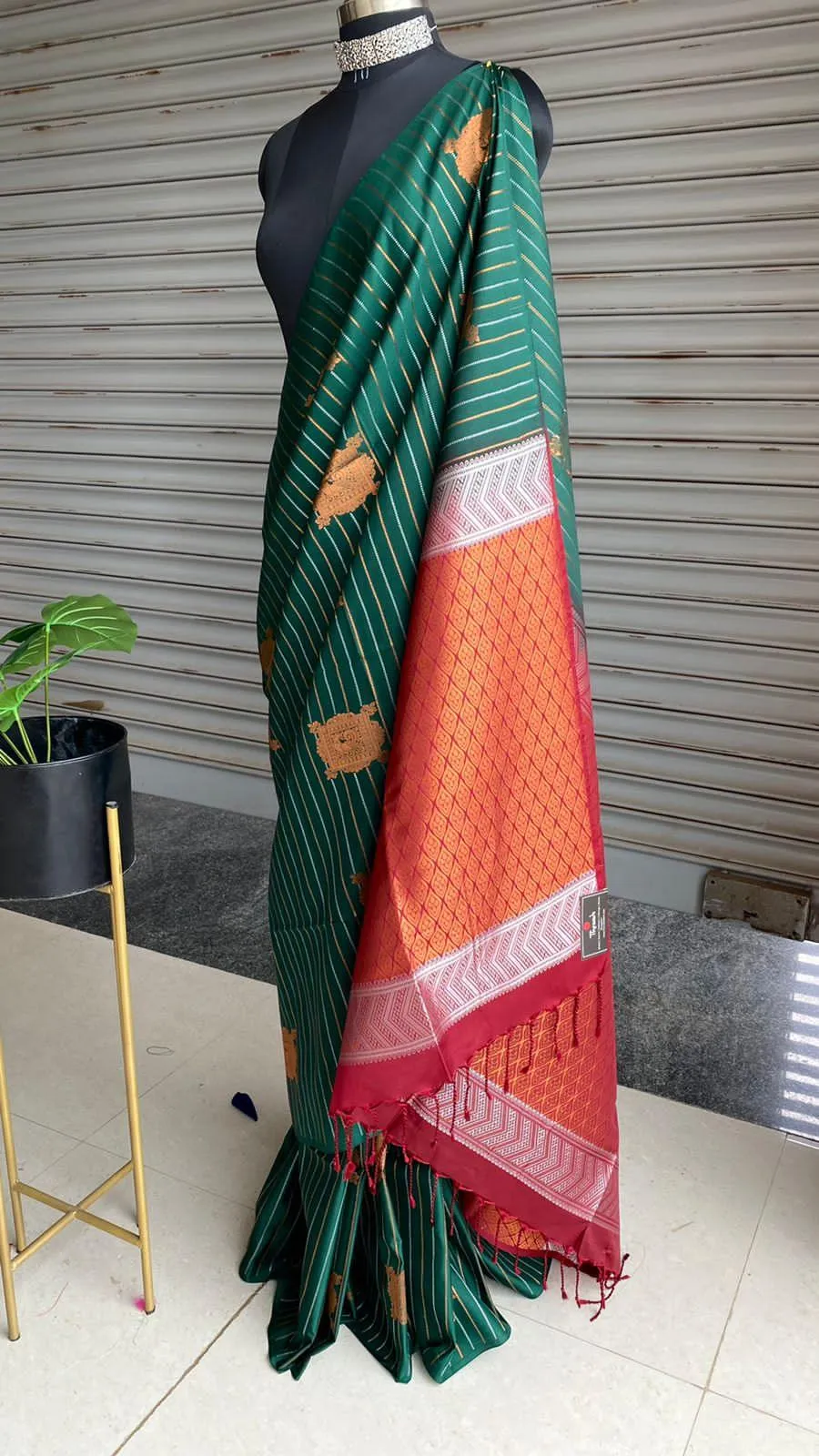 Bottle green and orange Silk saree with blouse