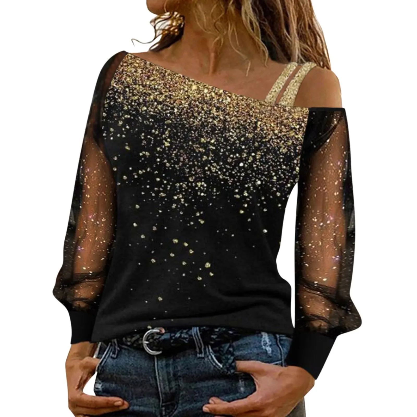Brielle - Elegant Sequin Mesh Cold Shoulder Blouse for Women