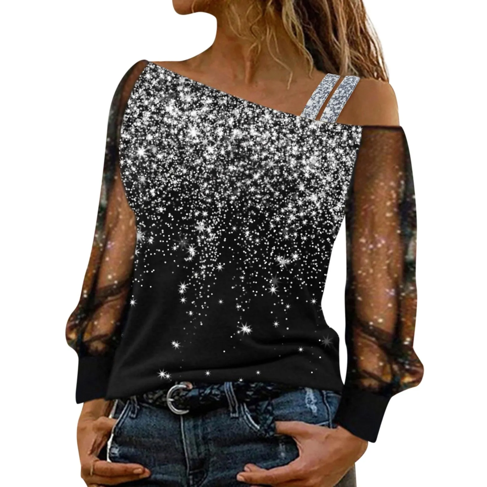 Brielle - Elegant Sequin Mesh Cold Shoulder Blouse for Women