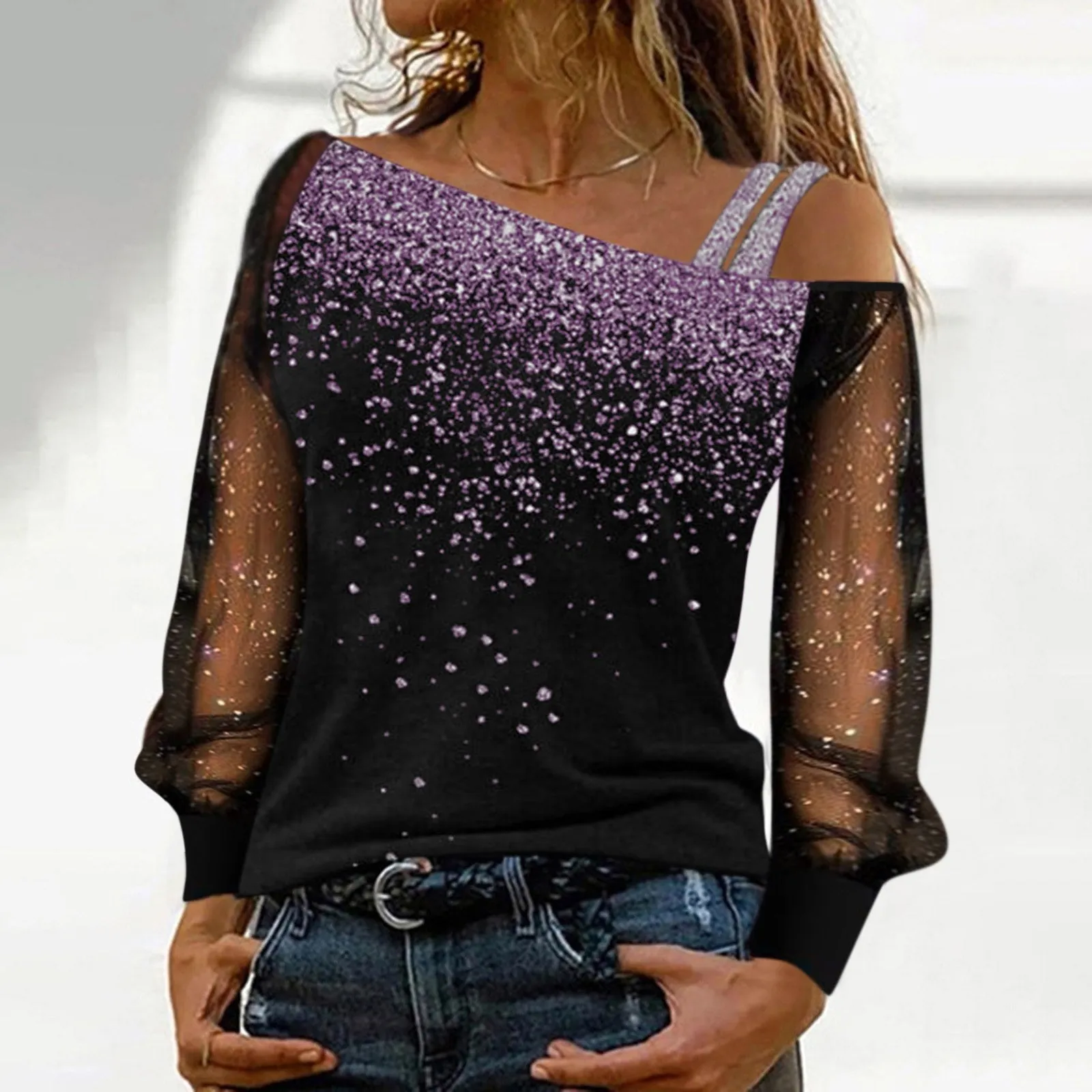 Brielle - Elegant Sequin Mesh Cold Shoulder Blouse for Women