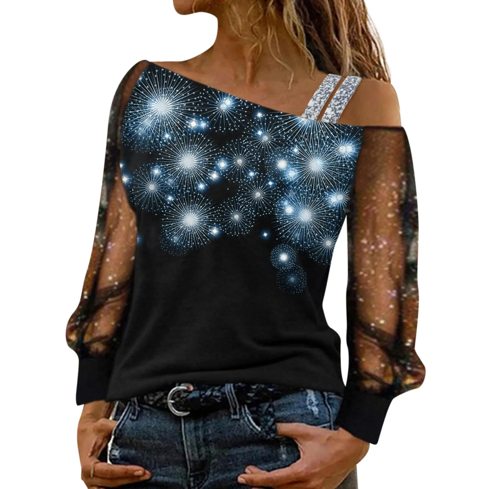 Brielle - Elegant Sequin Mesh Cold Shoulder Blouse for Women