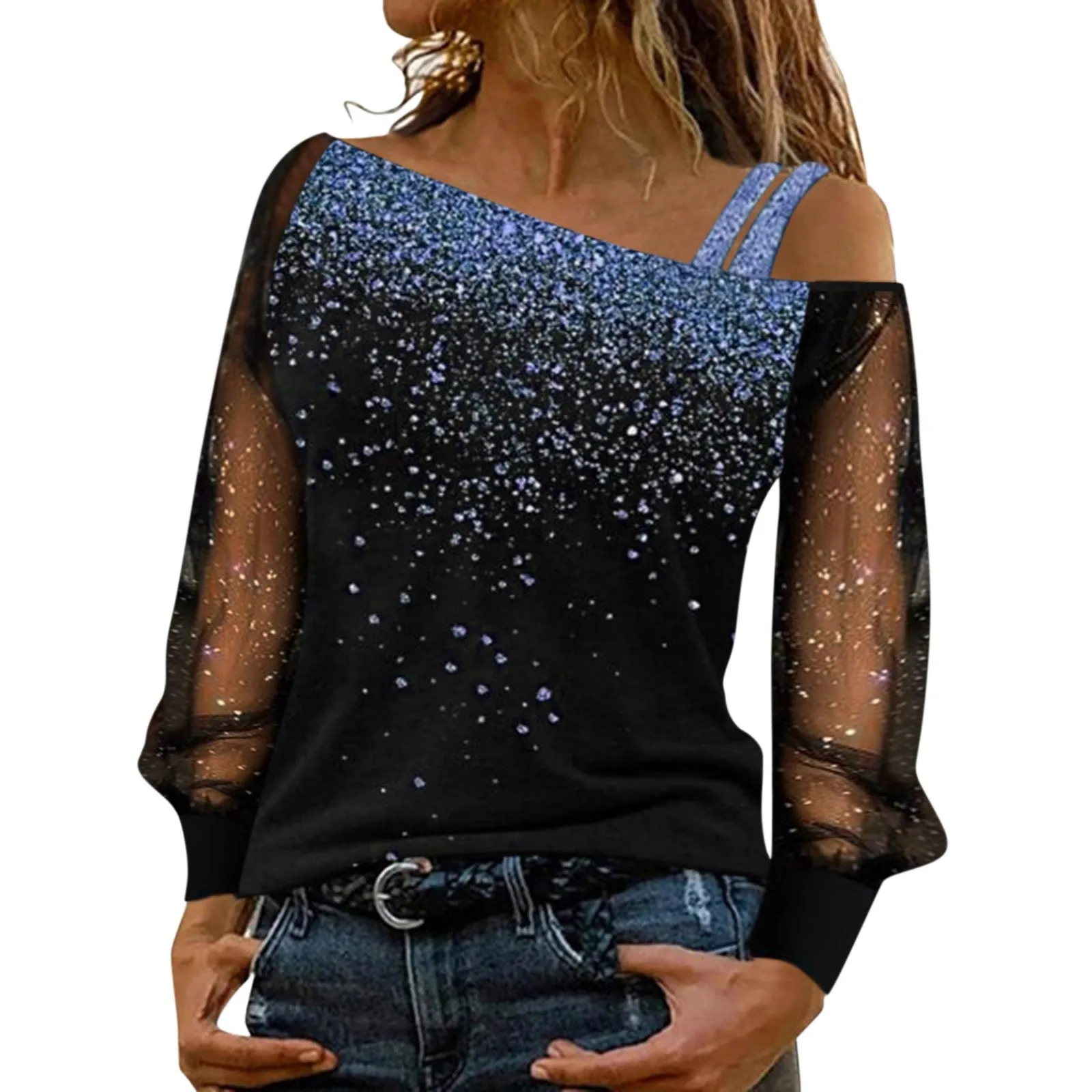 Brielle - Elegant Sequin Mesh Cold Shoulder Blouse for Women