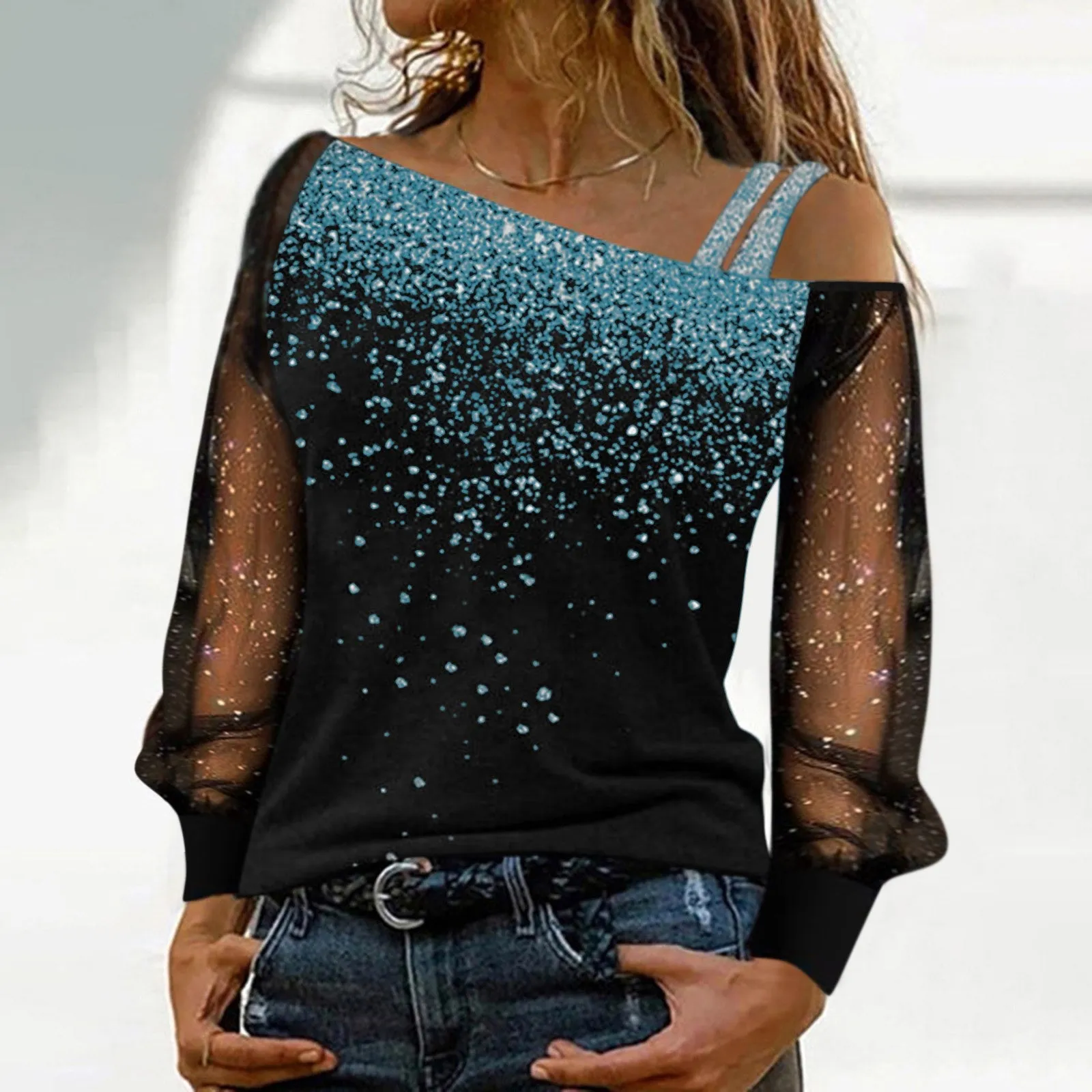 Brielle - Elegant Sequin Mesh Cold Shoulder Blouse for Women