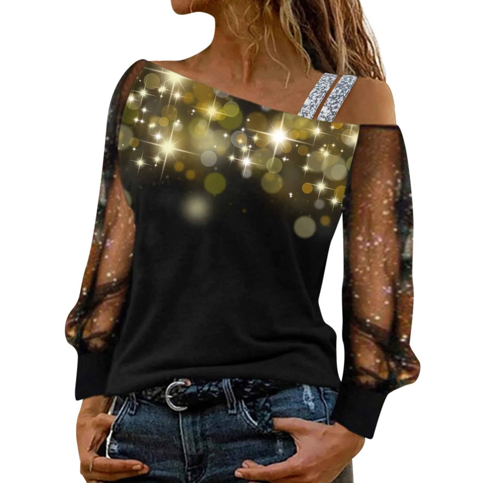 Brielle - Elegant Sequin Mesh Cold Shoulder Blouse for Women