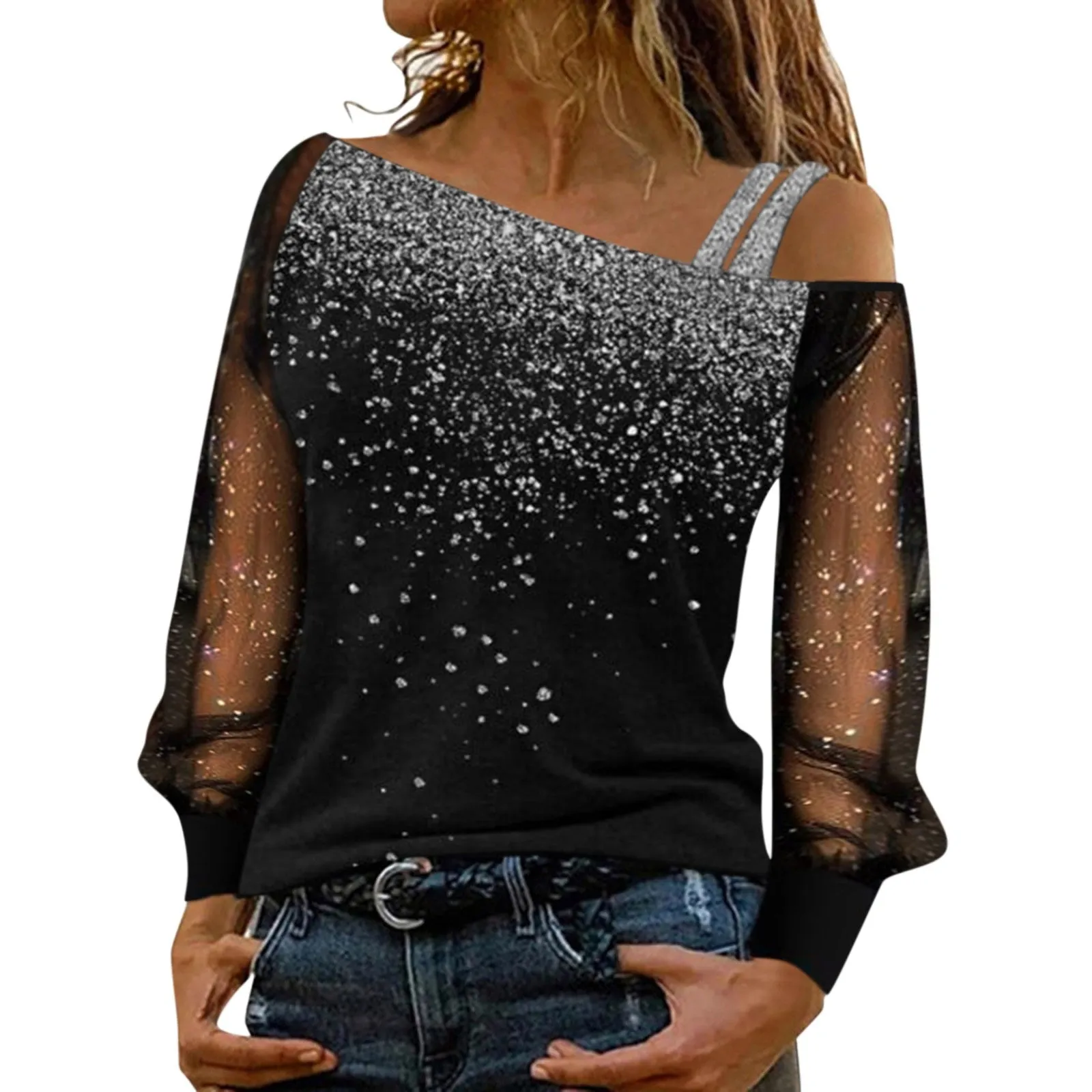 Brielle - Elegant Sequin Mesh Cold Shoulder Blouse for Women
