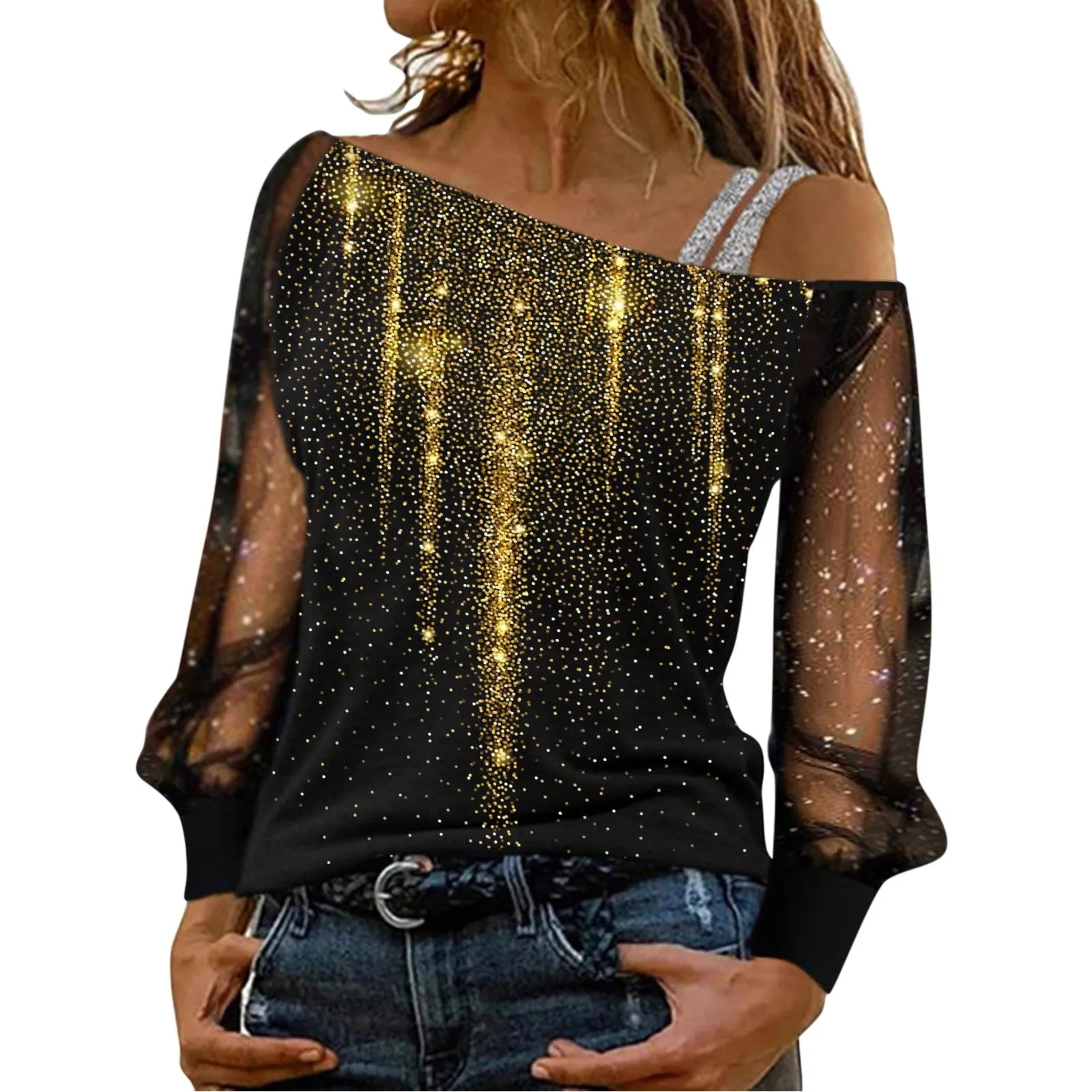 Brielle - Elegant Sequin Mesh Cold Shoulder Blouse for Women