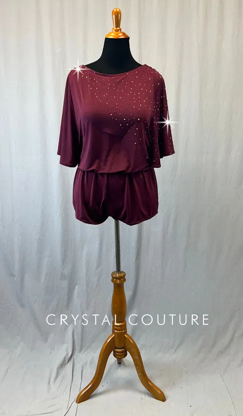 Burgundy Flounce Top Romper with Wide Sleeves and Rhinestones