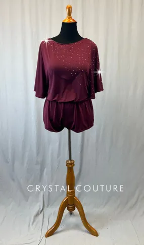 Burgundy Flounce Top Romper with Wide Sleeves and Rhinestones