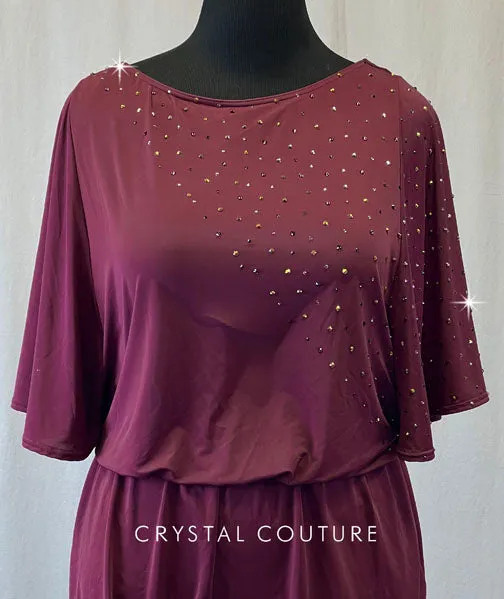 Burgundy Flounce Top Romper with Wide Sleeves and Rhinestones