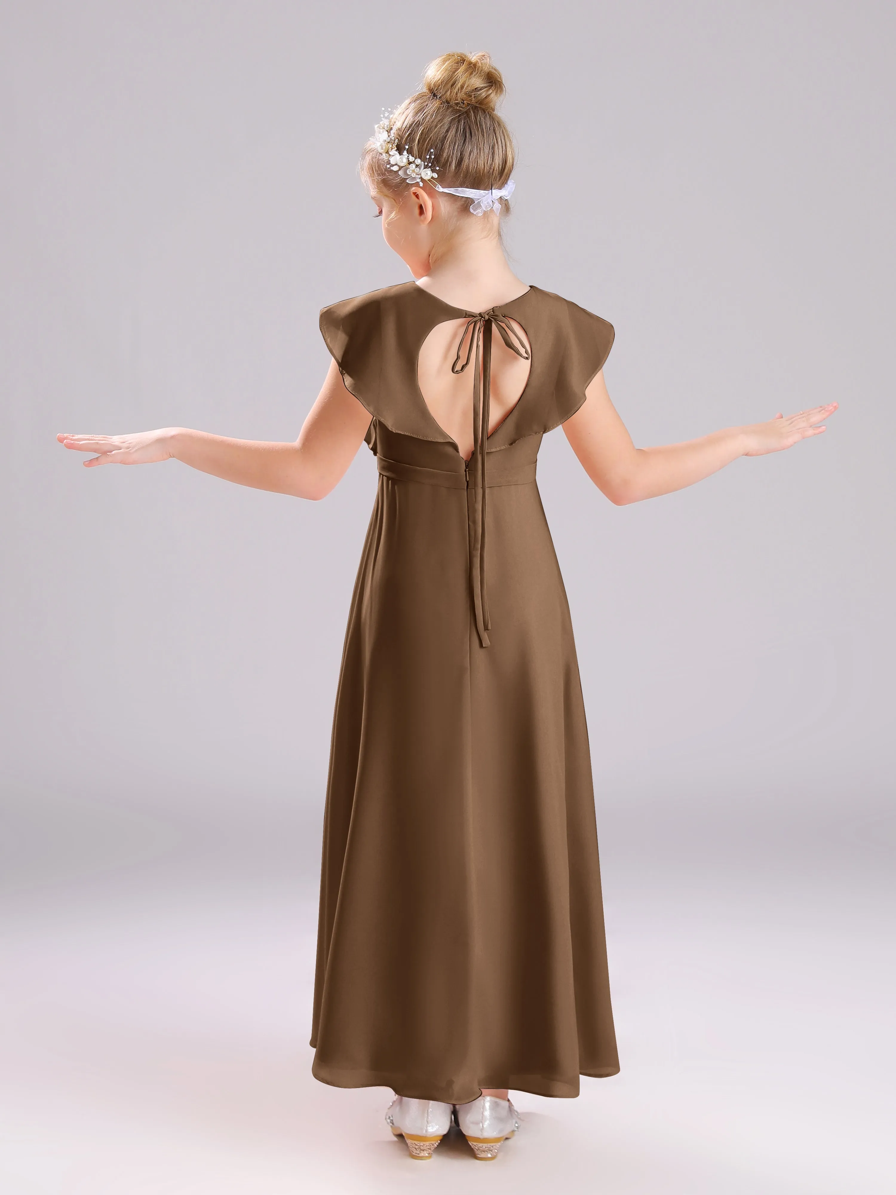 Cap Sleeves V-Neck Open Back Chiffon Junior Bridesmaid Dresses