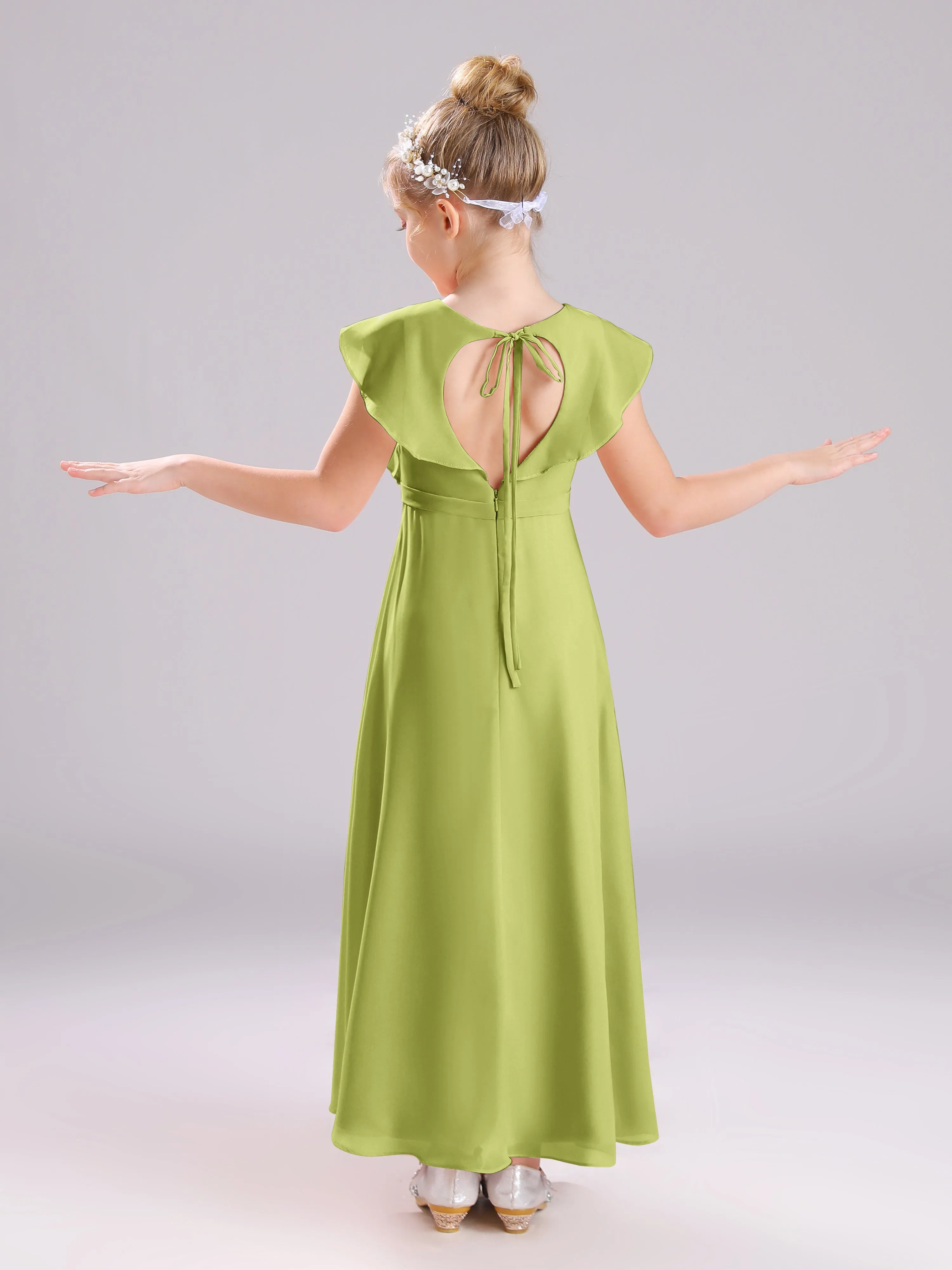 Cap Sleeves V-Neck Open Back Chiffon Junior Bridesmaid Dresses
