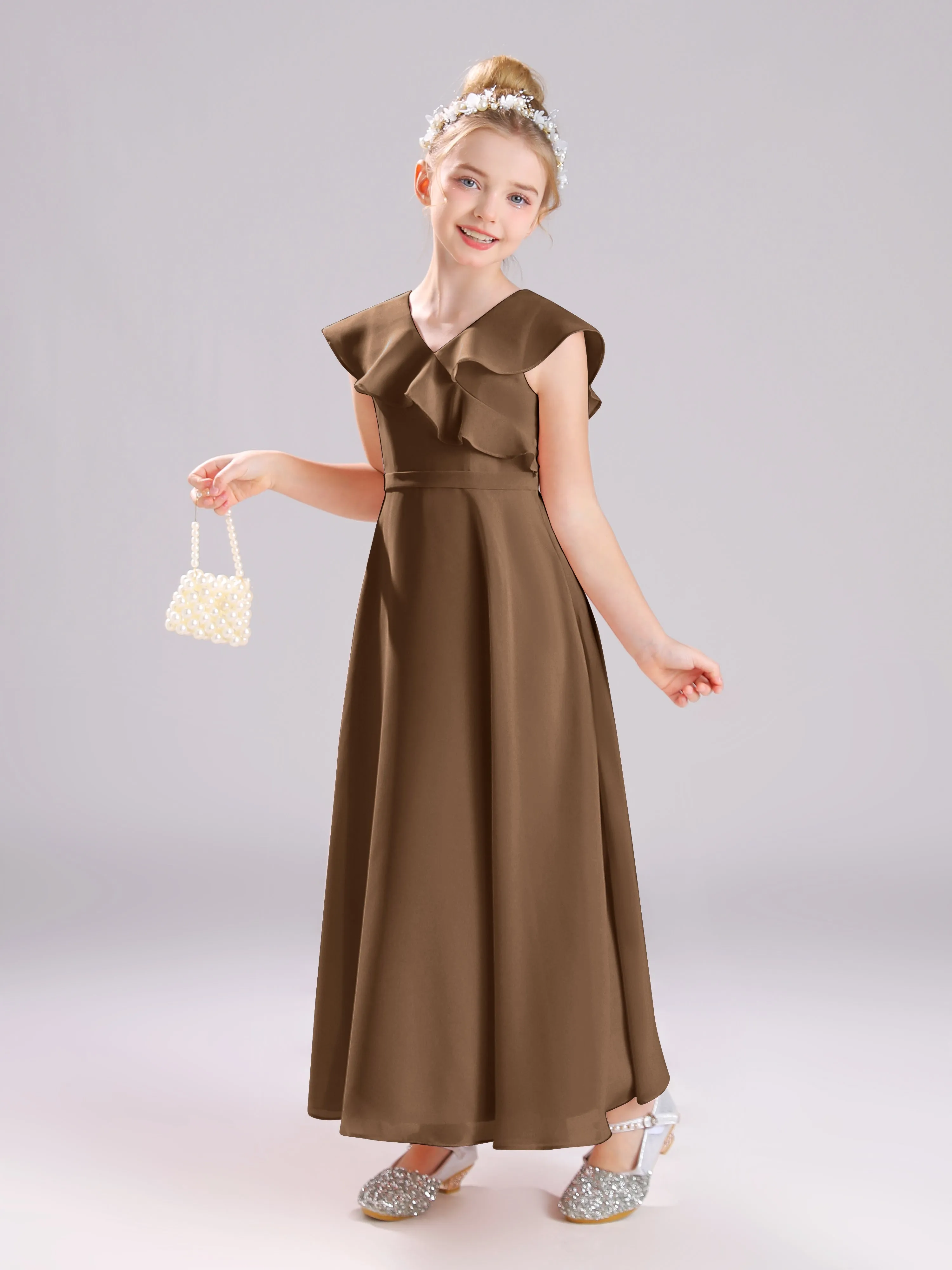 Cap Sleeves V-Neck Open Back Chiffon Junior Bridesmaid Dresses