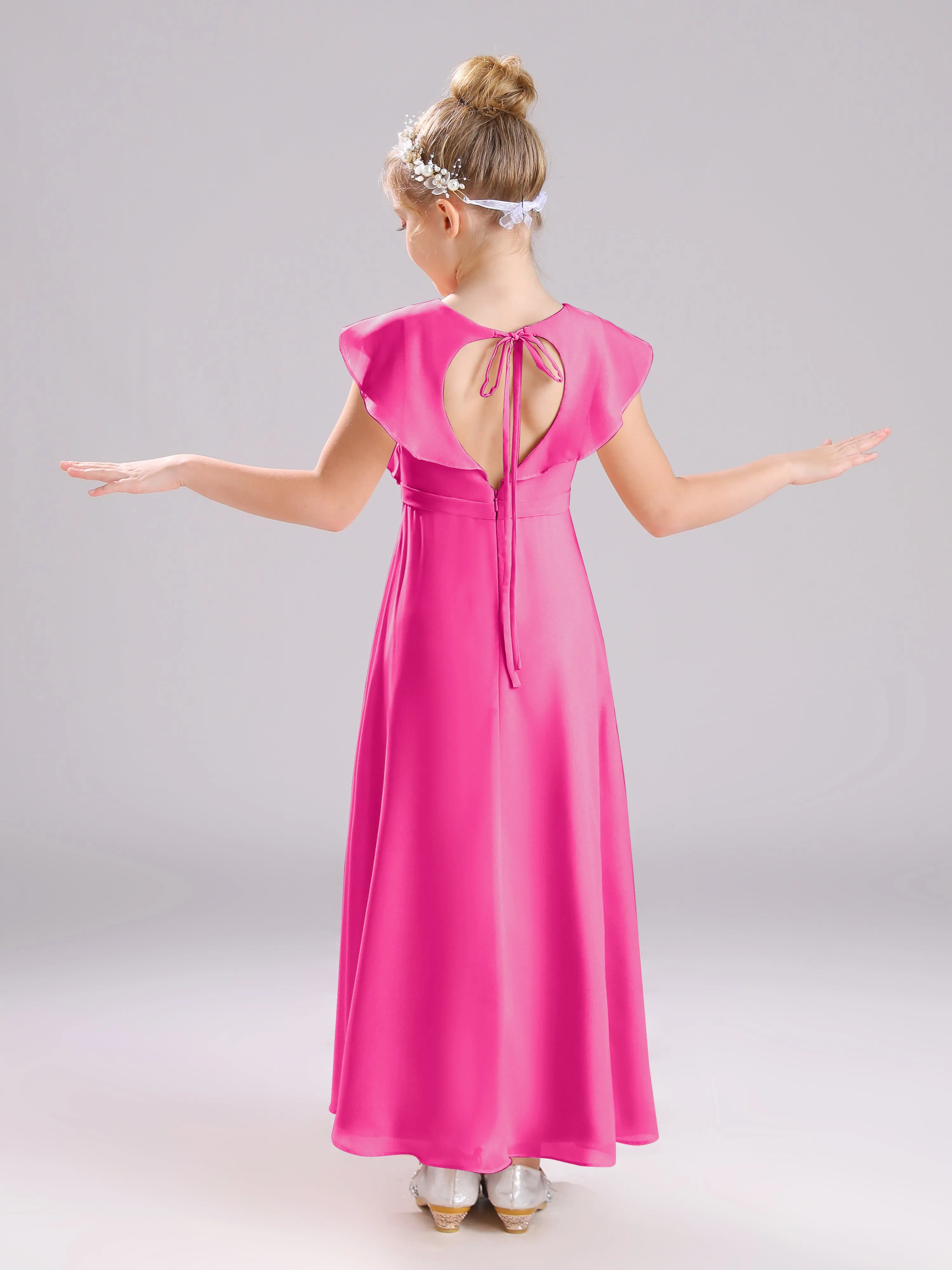Cap Sleeves V-Neck Open Back Chiffon Junior Bridesmaid Dresses