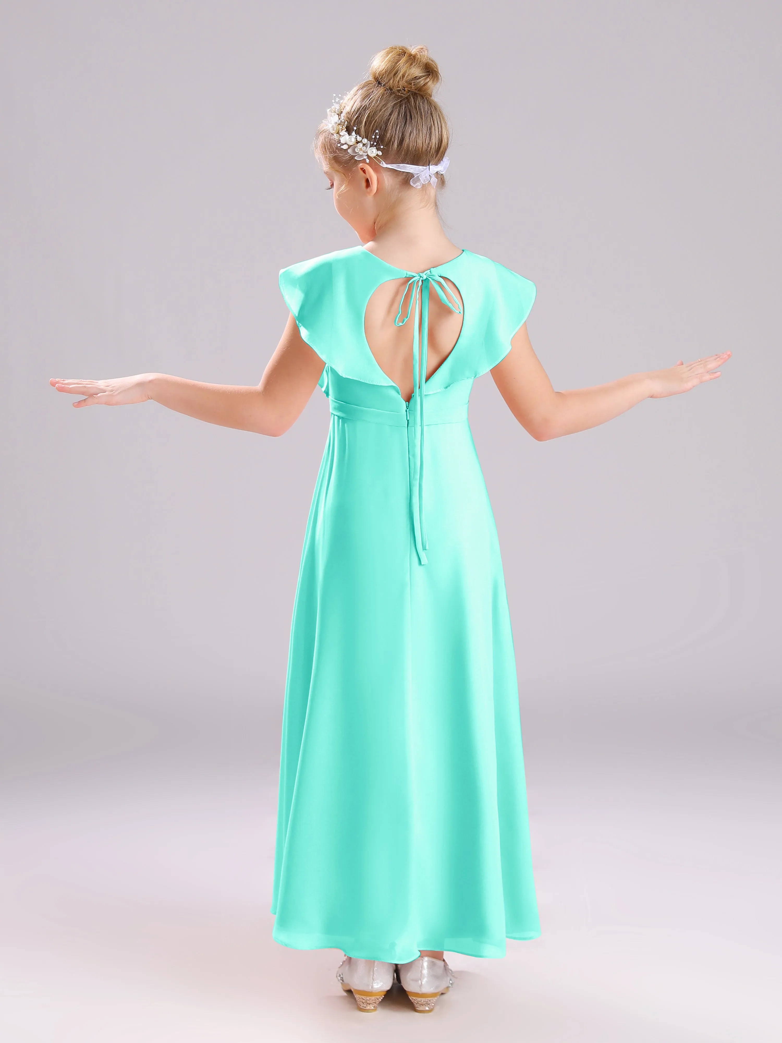 Cap Sleeves V-Neck Open Back Chiffon Junior Bridesmaid Dresses