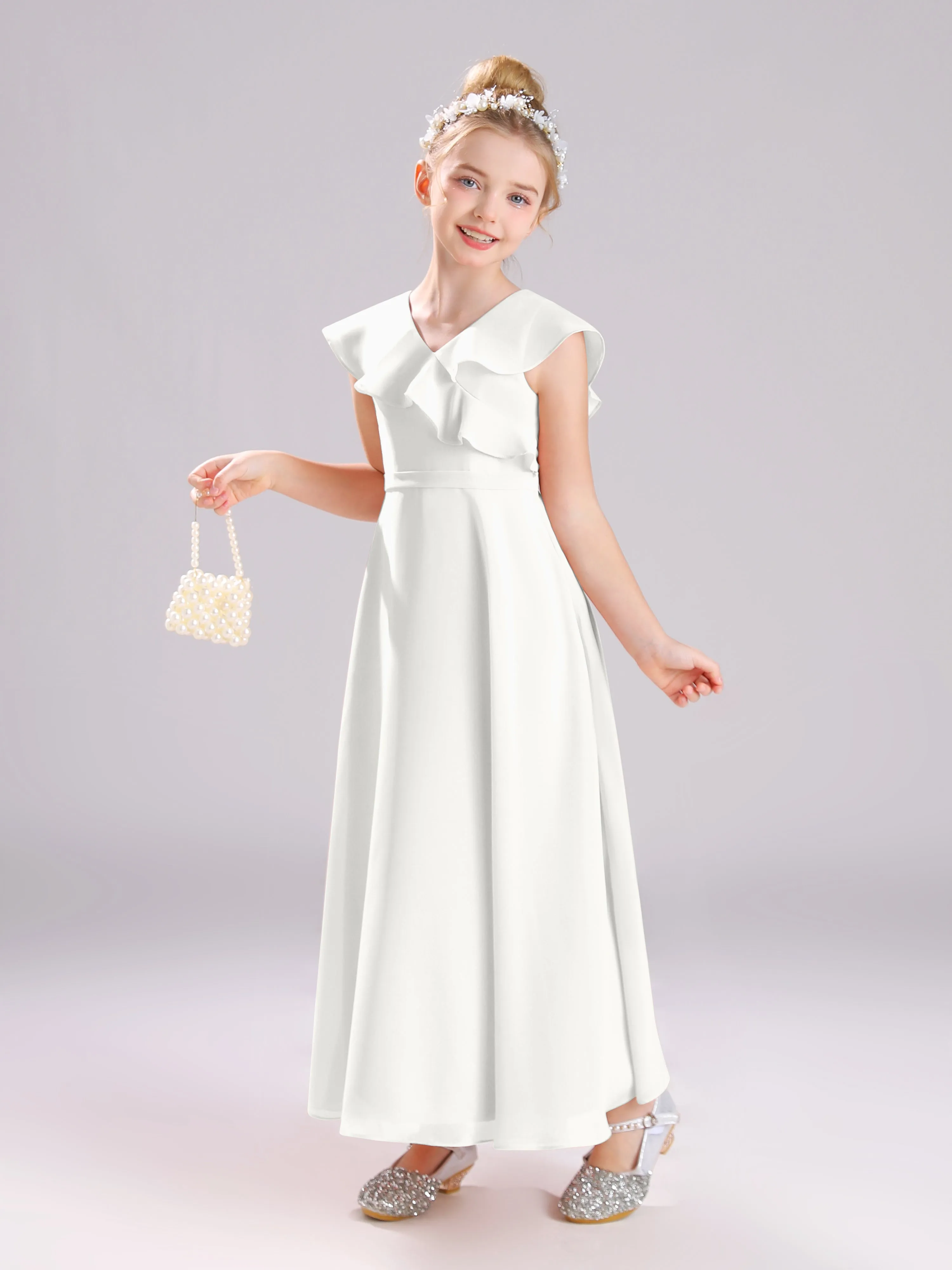 Cap Sleeves V-Neck Open Back Chiffon Junior Bridesmaid Dresses