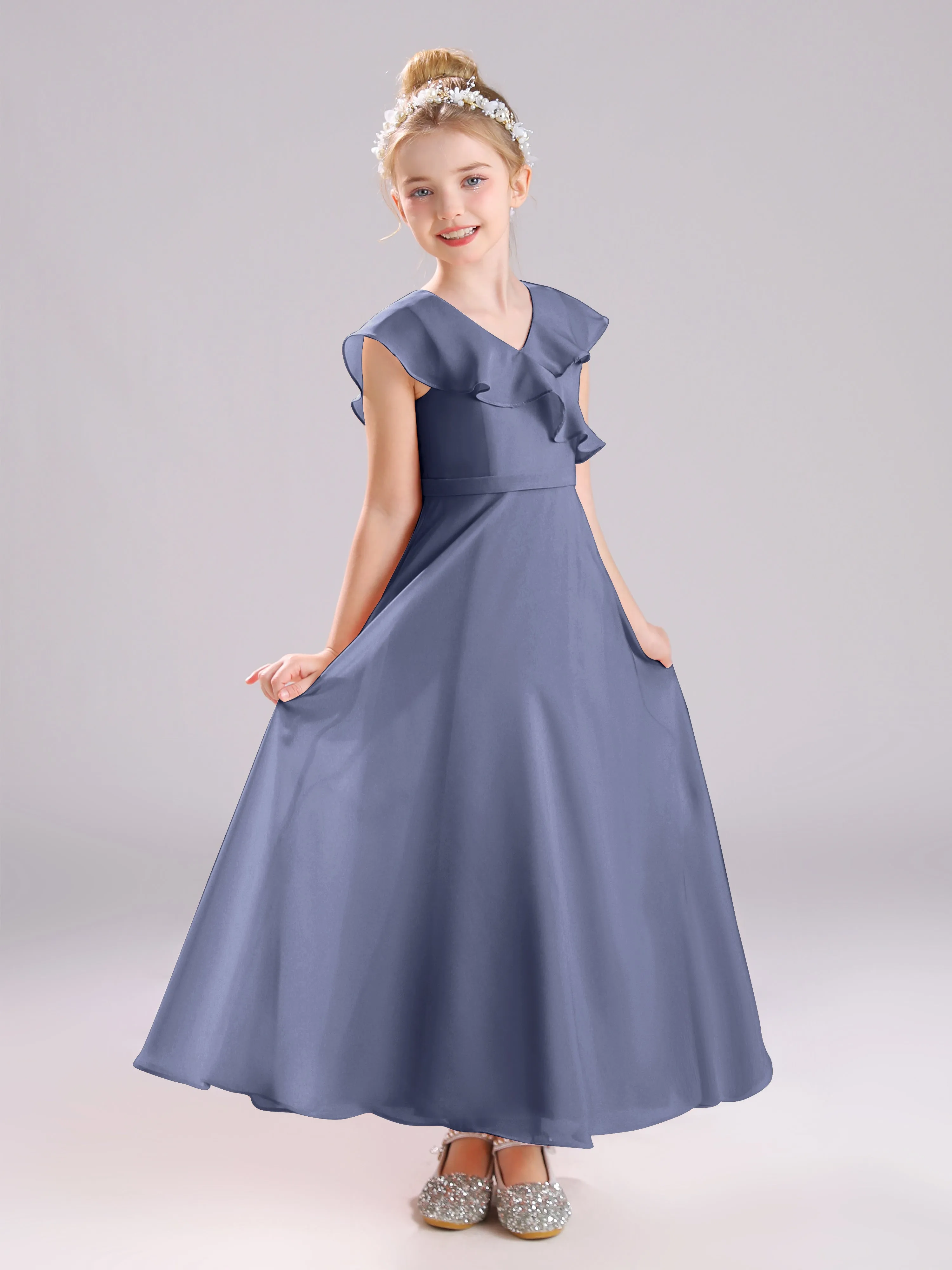 Cap Sleeves V-Neck Open Back Chiffon Junior Bridesmaid Dresses