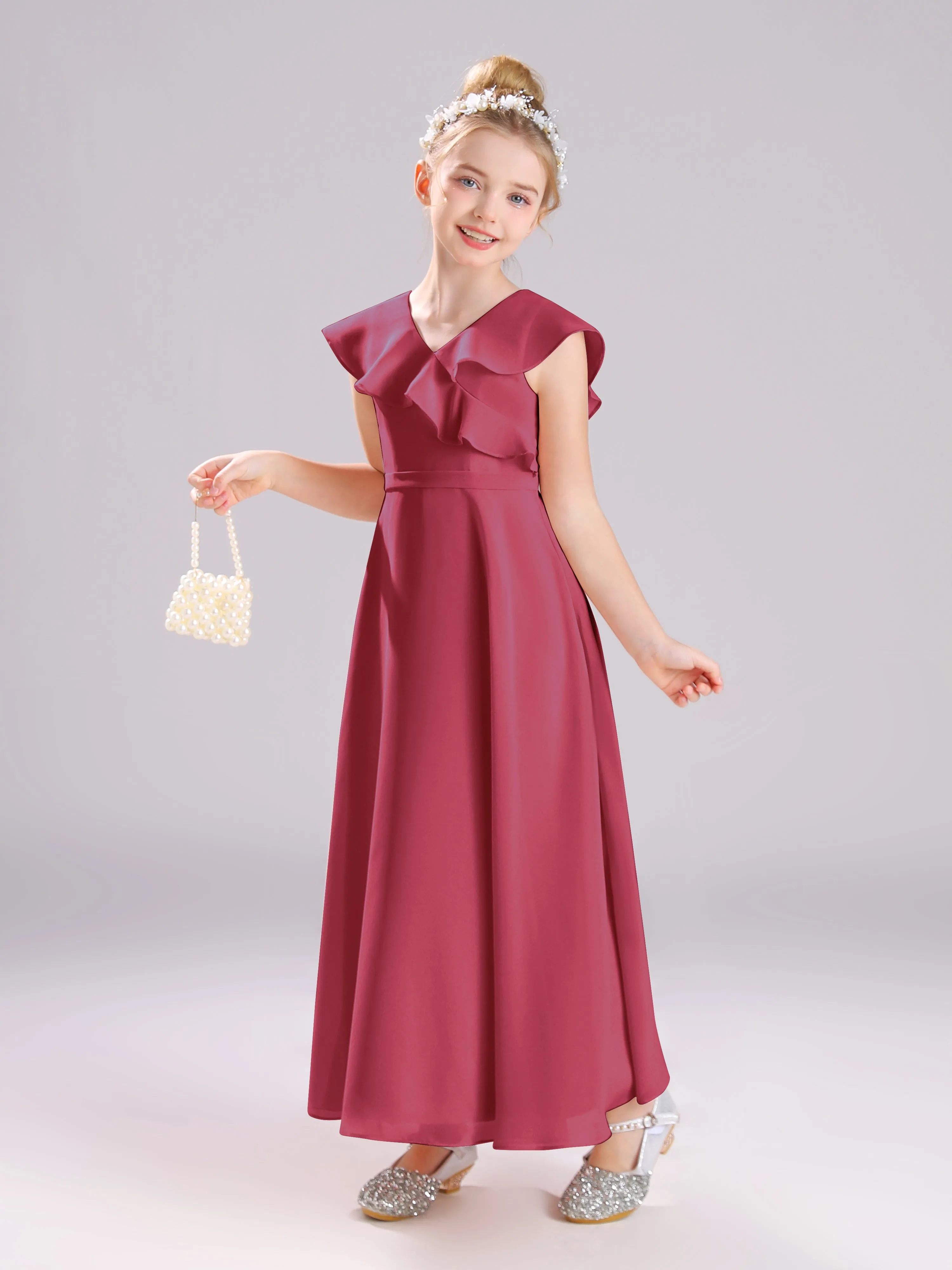 Cap Sleeves V-Neck Open Back Chiffon Junior Bridesmaid Dresses