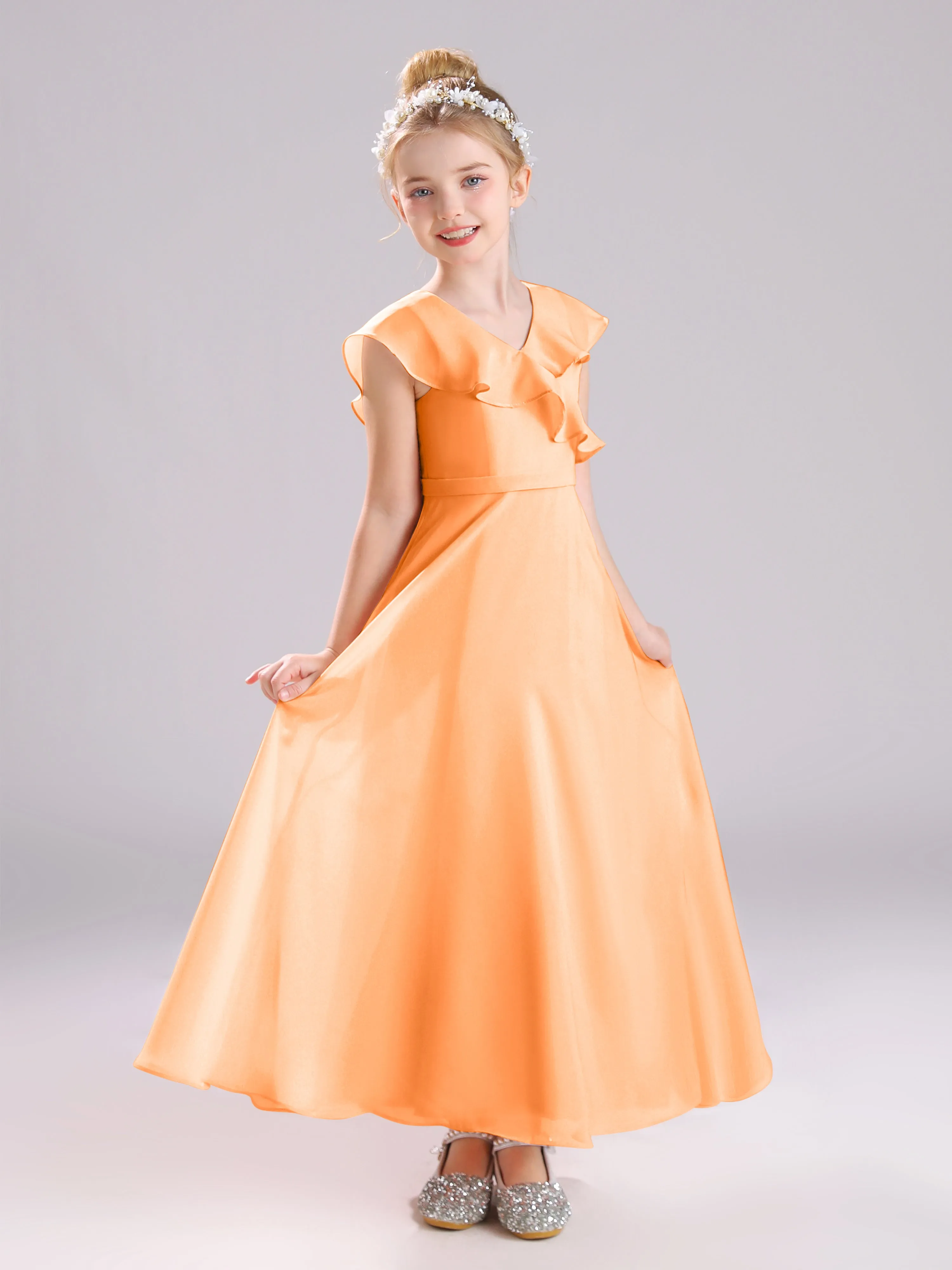 Cap Sleeves V-Neck Open Back Chiffon Junior Bridesmaid Dresses
