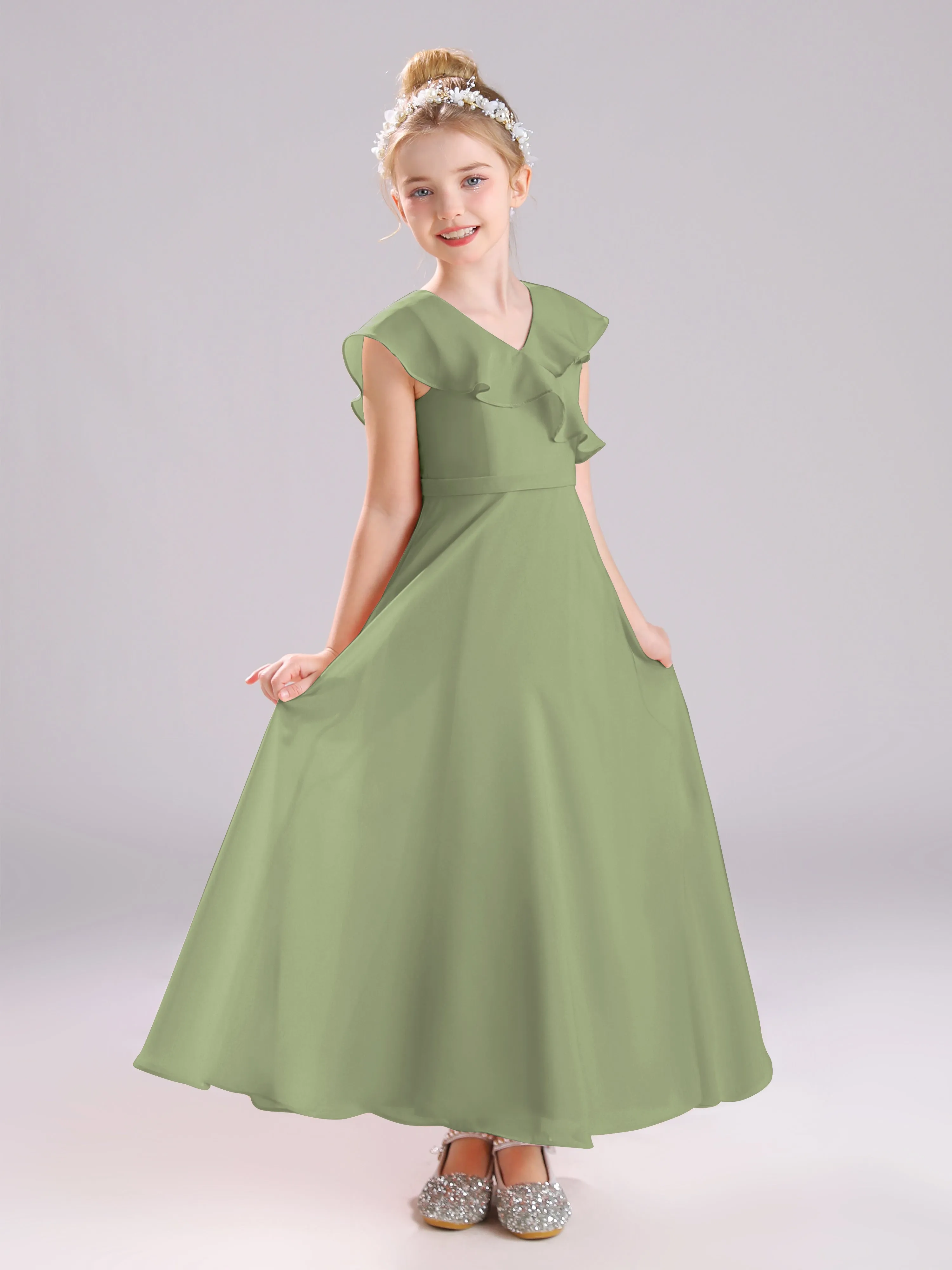 Cap Sleeves V-Neck Open Back Chiffon Junior Bridesmaid Dresses