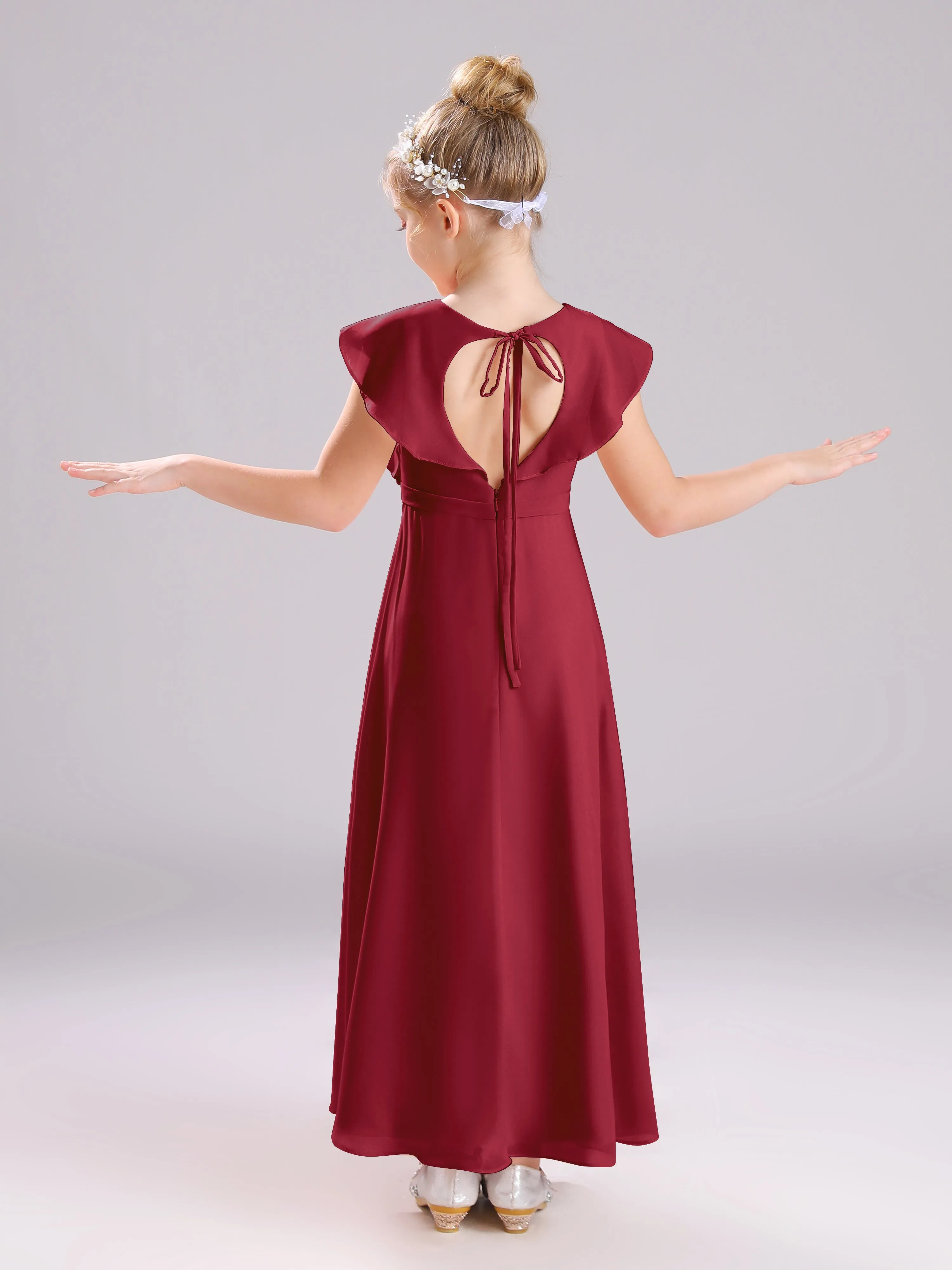 Cap Sleeves V-Neck Open Back Chiffon Junior Bridesmaid Dresses