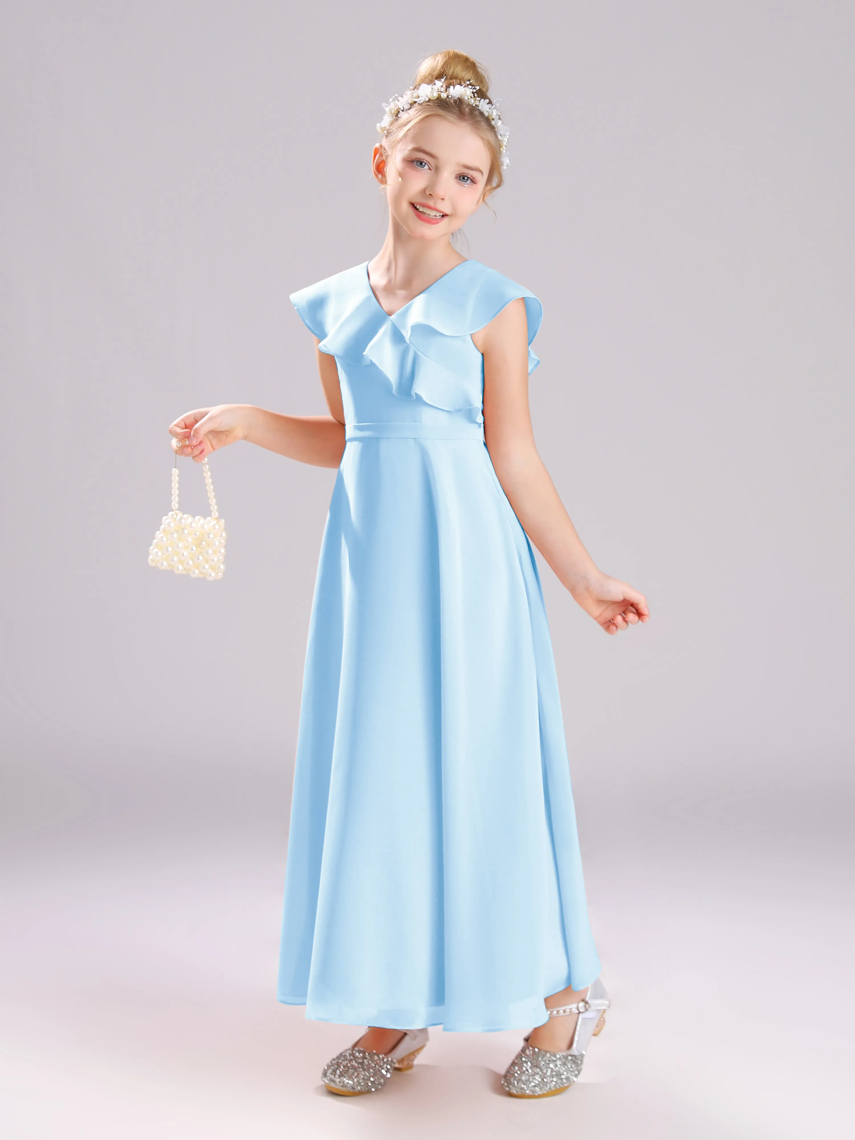Cap Sleeves V-Neck Open Back Chiffon Junior Bridesmaid Dresses
