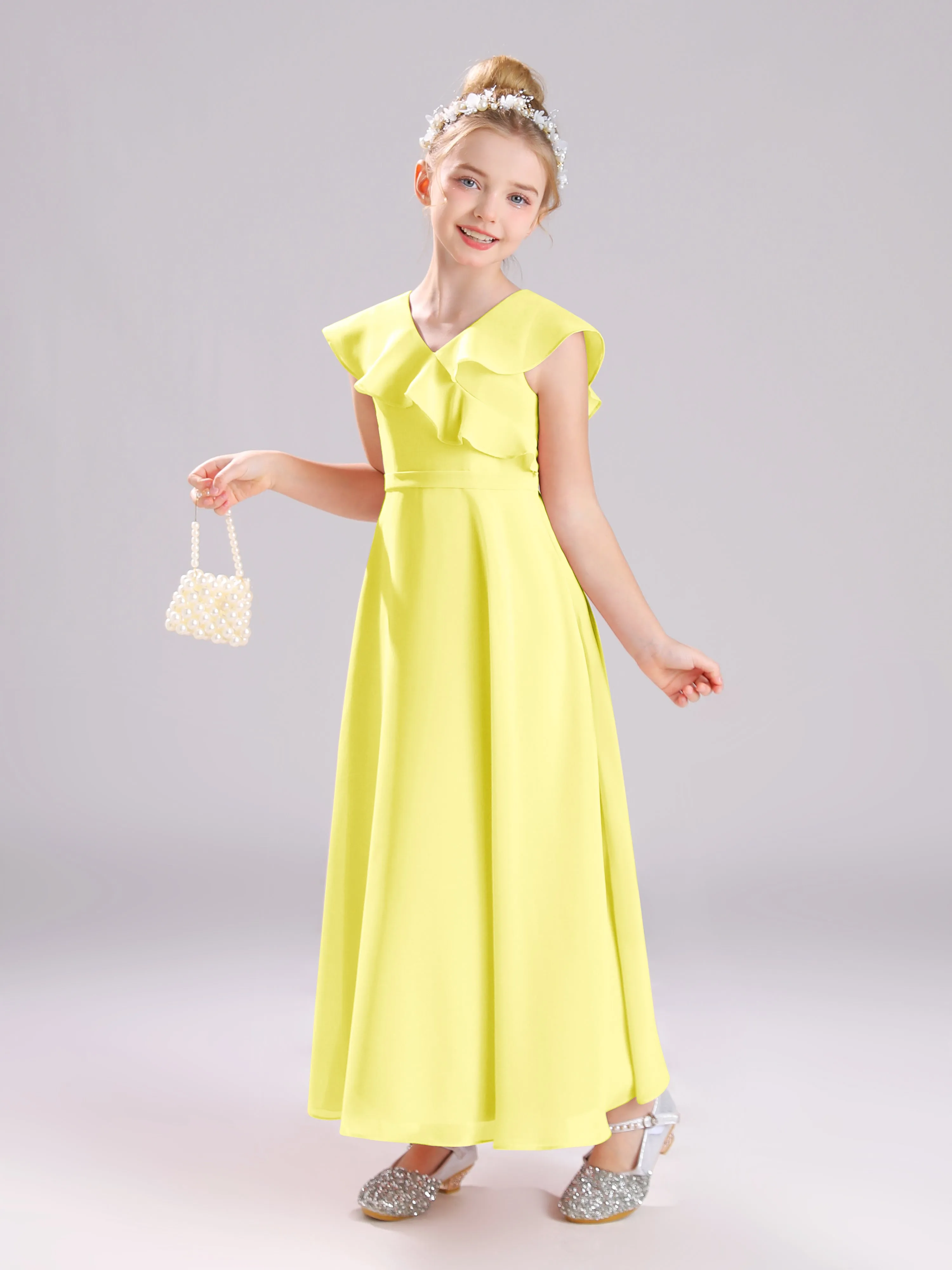 Cap Sleeves V-Neck Open Back Chiffon Junior Bridesmaid Dresses