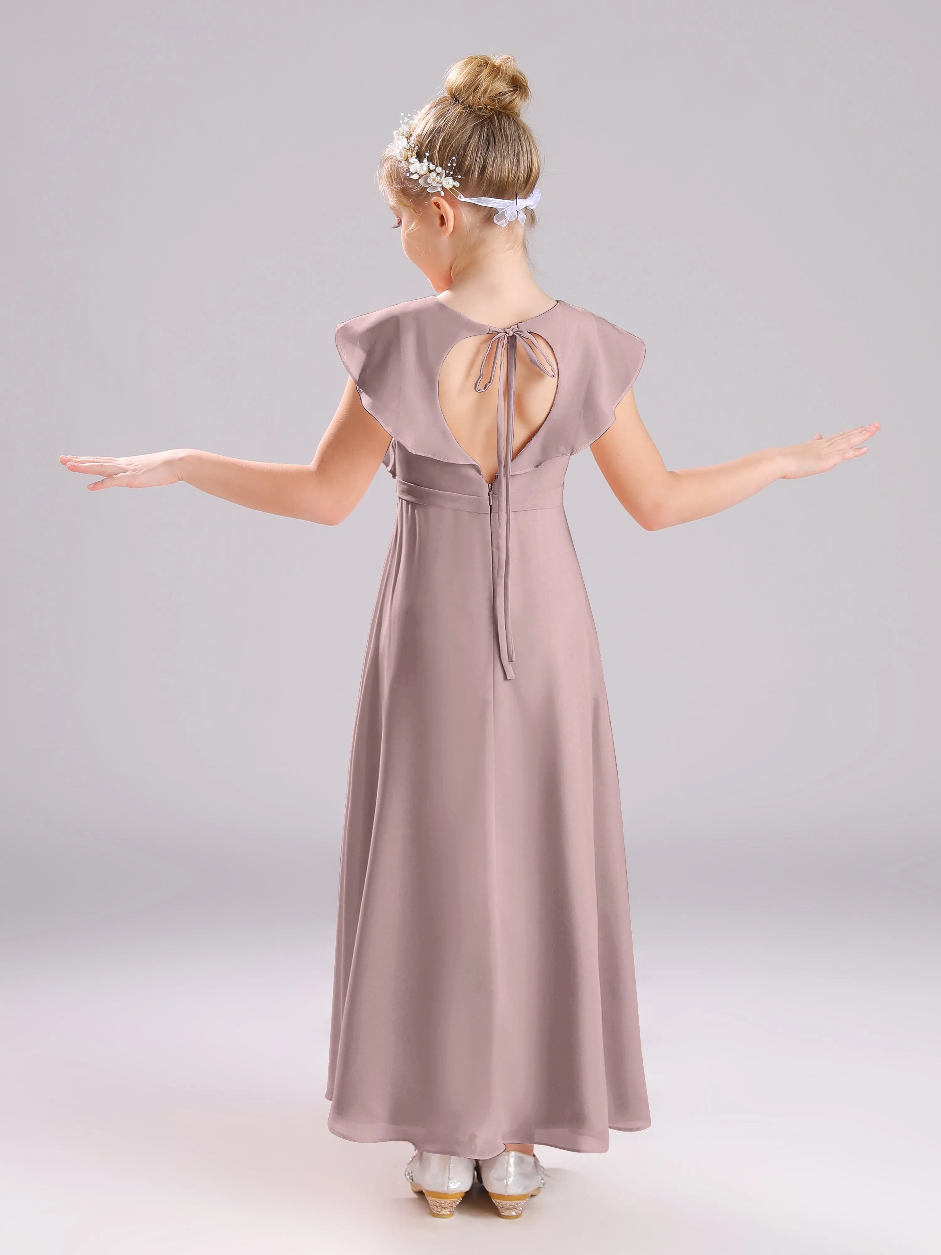 Cap Sleeves V-Neck Open Back Chiffon Junior Bridesmaid Dresses