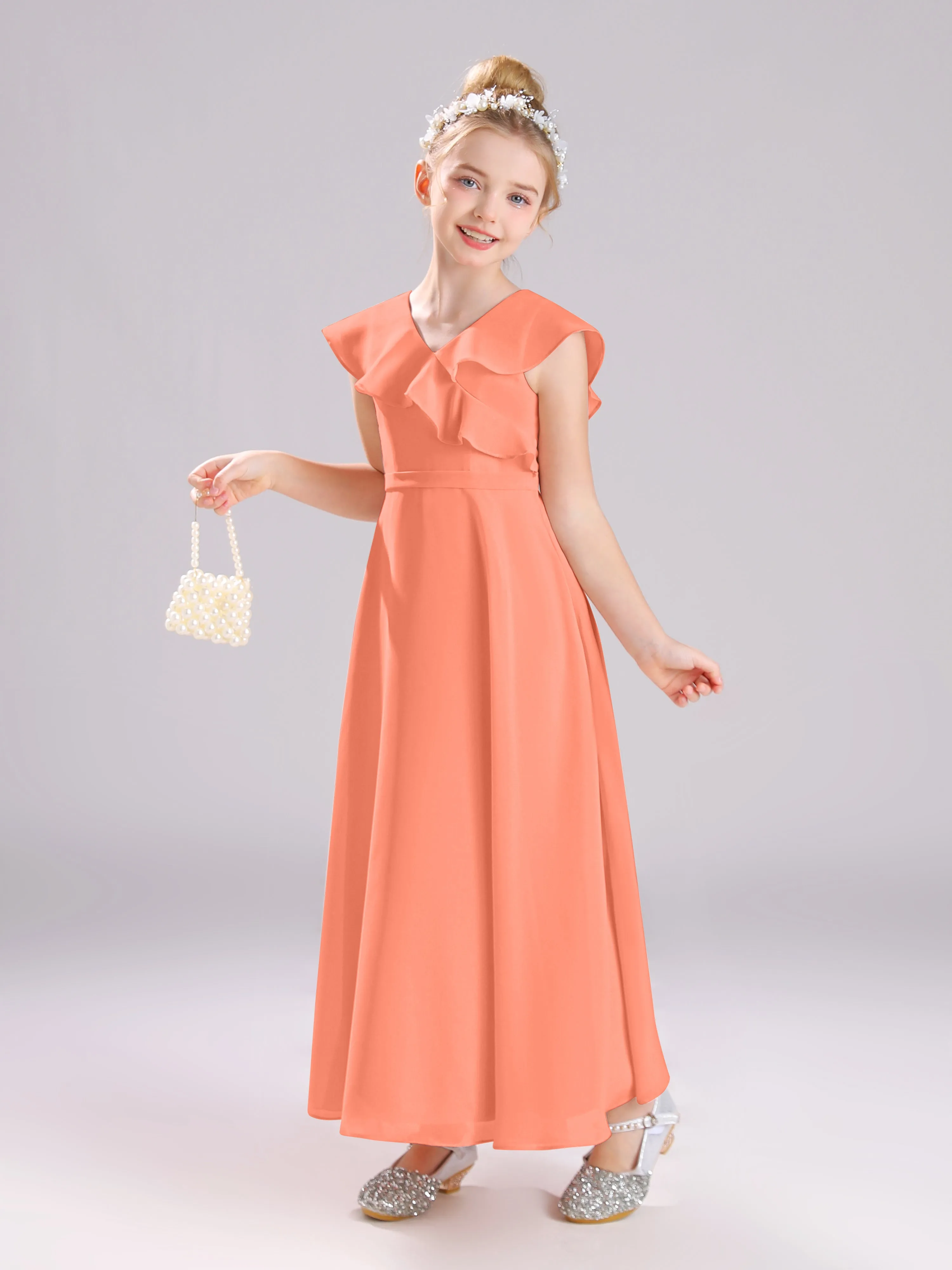 Cap Sleeves V-Neck Open Back Chiffon Junior Bridesmaid Dresses