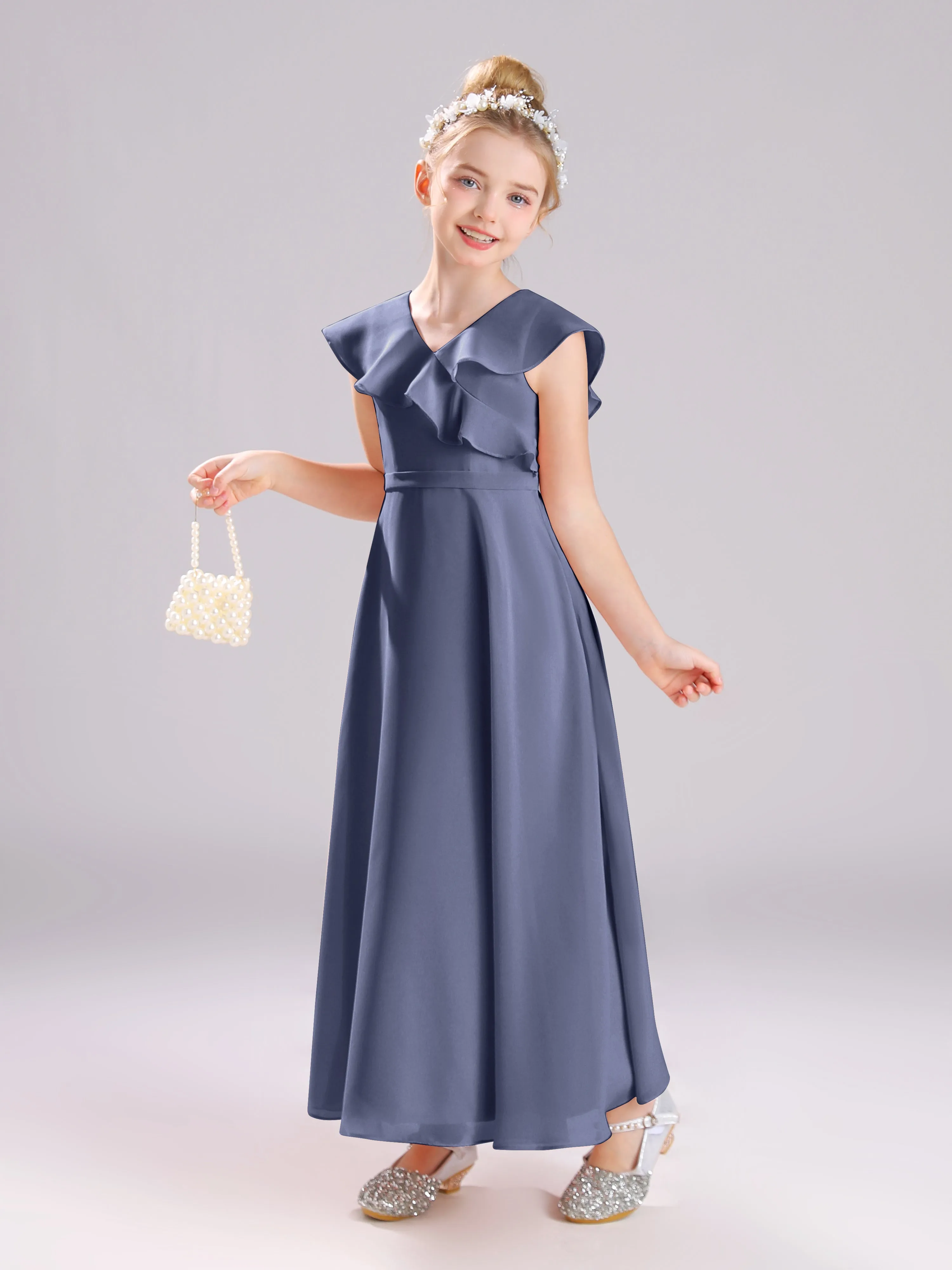 Cap Sleeves V-Neck Open Back Chiffon Junior Bridesmaid Dresses