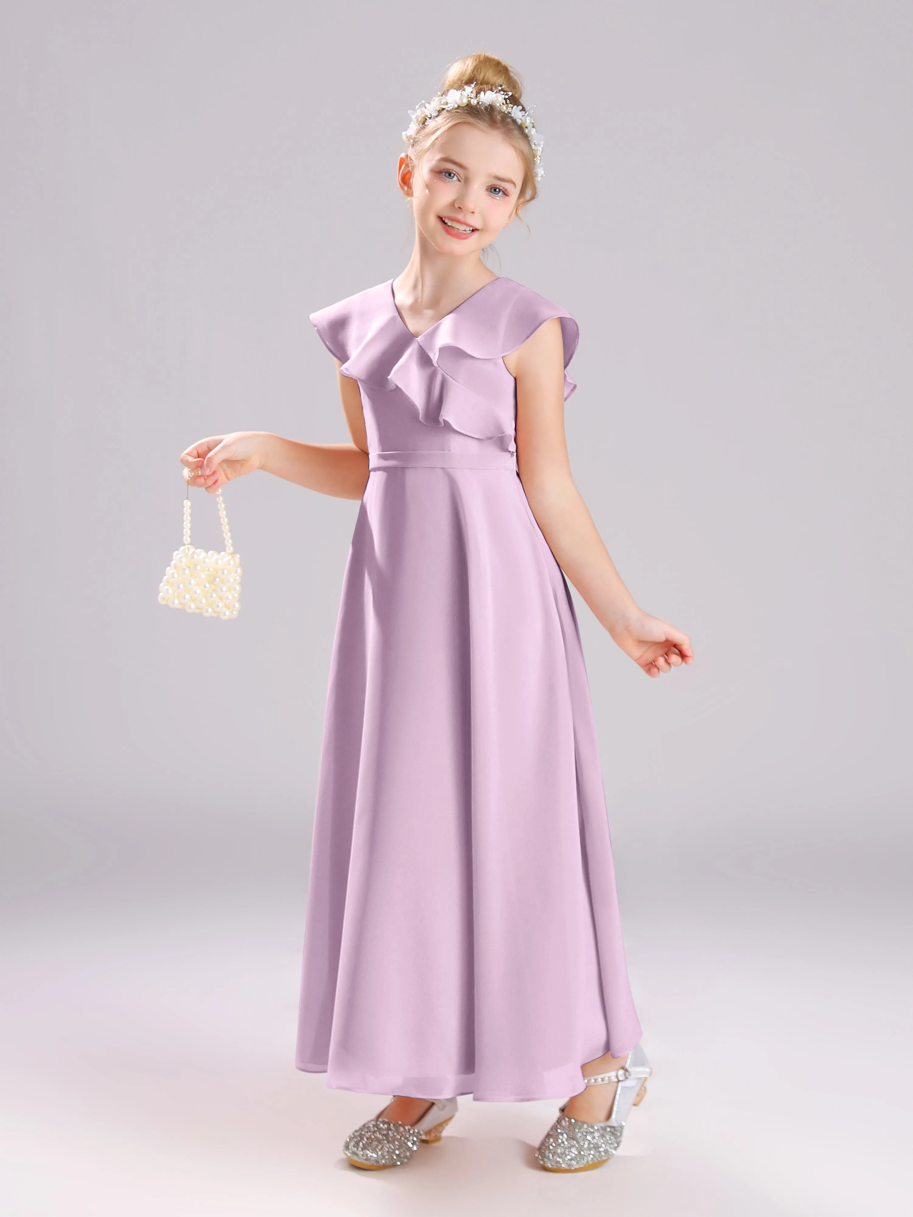 Cap Sleeves V-Neck Open Back Chiffon Junior Bridesmaid Dresses